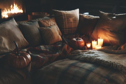 cozy autumn living room with fireplace, Thanksgiving decorations, warm plaid blankets, pumpkins on wooden floor, glowing candlelight, no text.