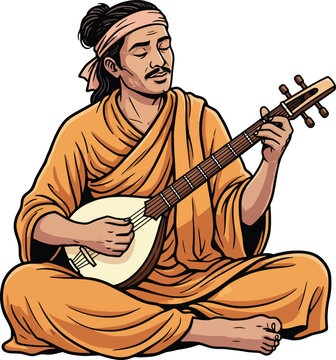 Serene Musician or Monk in Saffron Robes Meditating while Playing a Traditional String Instrument