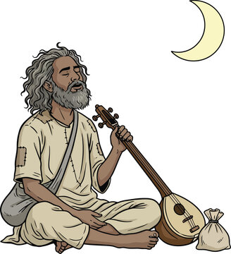 Spiritual Baul Mystic Folk Singer from Bengal Playing the Ektara Under the Crescent Moon
