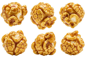 Extreme close-up: individual gourmet caramel popcorn pieces, perfectly popped, fluffy, with glossy golden-brown glaze on transparent, concept for luxury snack food advertising