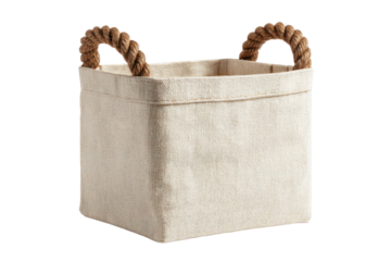 Square fabric storage basket with thick rope handles on black background container, Isolated On Transparent Background, Png Cut Out