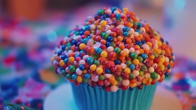A teal cupcake with a topping of colorful, round sprinkles. Background is blurred