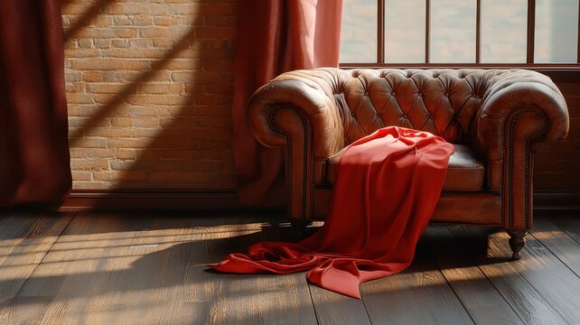 Vintage leather couch wrapped in red satin ribbon, casting long shadows.