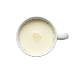 transparent ceramic mug with creamy white hot chocolate, delicate foam bubbles, against a transparent studio background, overhead view, Concept for premium beverage advertising