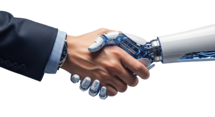 Human hand in a business suit shaking a robotic AI hand, a future concept. Isolated on transparent background, png