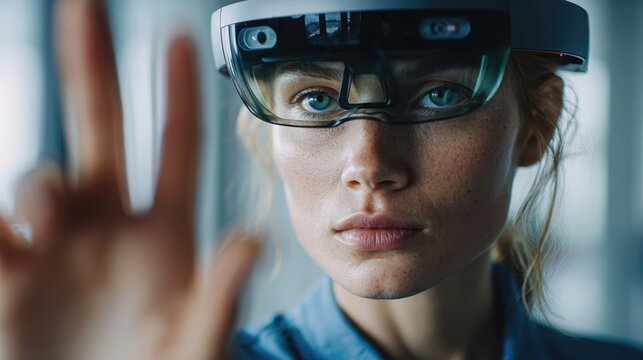 Woman in Augmented Reality Headset Interacting with Virtual Interface