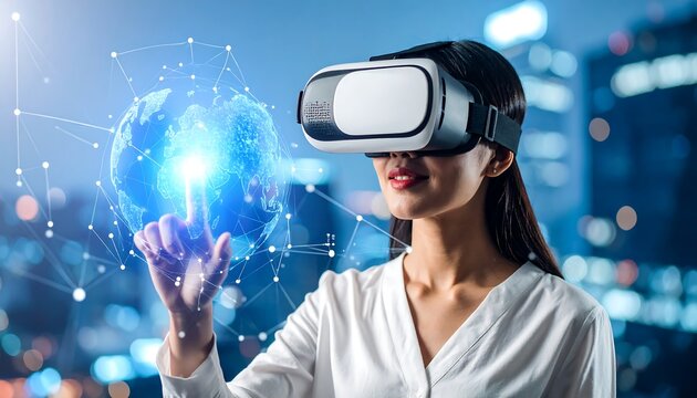 Woman wearing VR headset interacting with a holographic globe - Powered by Adobe