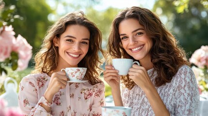 Two Smiling Women Drinking Tea Outdoors - Portrait of Happy Young Women Enjoying Tea in a Garden Setting, Perfect for Lifestyle and Friendship Concepts