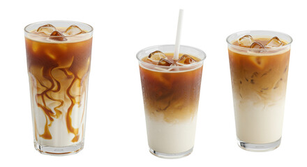 Three photorealistic iced caramel lattes in glasses and plastic cups, featuring swirls and distinct layers, with ice and condensation on a transparent background with copy space. Concept for beverage