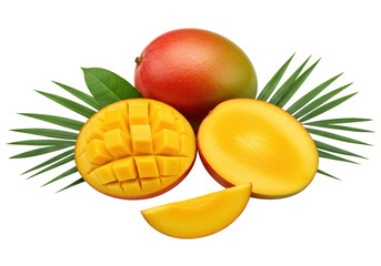 Ripe whole mango, sliced and halved mangoes with golden flesh and seed, bright wedge, fresh green palm leaves on white background, soft shadows, macro lens, tropical delight and healthy eating concept