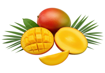 Ripe whole mango, sliced and halved mangoes with golden flesh and seed, bright wedge, fresh green palm leaves on white background, soft shadows, macro lens, tropical delight and healthy eating concept