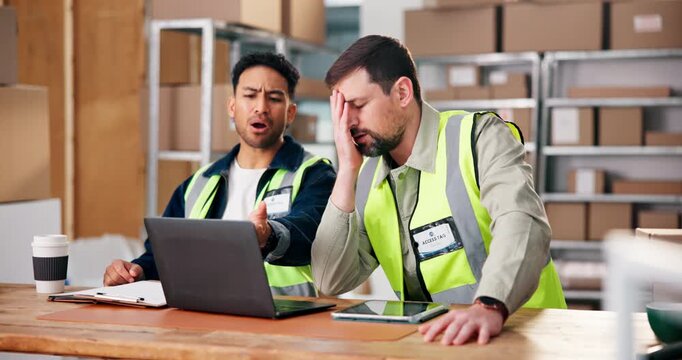 Stress, worker and men with laptop in warehouse for distribution, lost package and delivery mistake. Logistics schedule, communication and people frustrated for transport error, tech or shipping fail