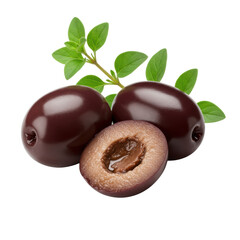 Photorealistic macro of whole and sliced glossy purple-black Kalamata olives with a vibrant oregano sprig on a transparent background with copy space, soft lighting, Mediterranean culinary
