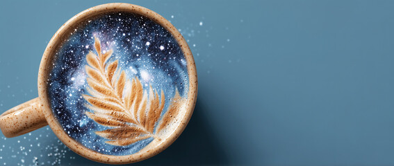 Cup of coffee with foam art shaped like a leaf and cookie