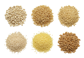 Six distinct, small, neatly arranged piles of pearl barley, brown rice, bulgur wheat, quinoa, millet, spelt on a transparent flat lay background with copy space. Concept of wholesome grains