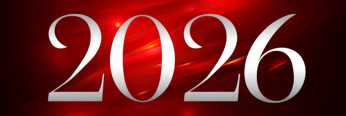 Happy new year 2026 - festive new year party background greeting card with text - Golden yellow fireworks in dark black night. The numbers are written on a red background, banner