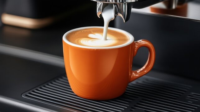 Espresso Machine Pouring Latte Art into Orange Cup, Close-up, Coffee Making Process, Barista, Cafe Culture, Beverage, Warm Drink