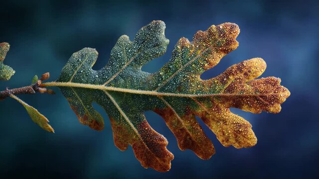 A vibrant close-up of an oak leaf adorned with dew drops, showcasing nature's beauty and intricate details, evoking a sense of fresh beginnings and connection to the environment.