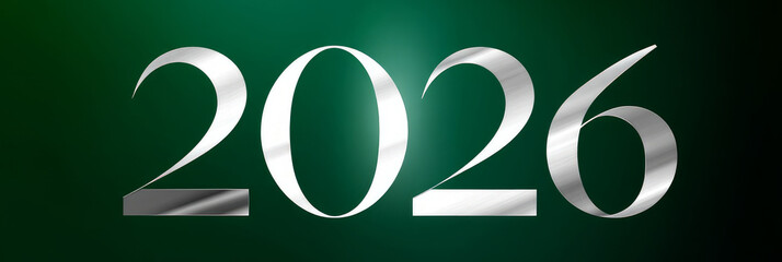Happy new year 2026 - festive new year party background greeting card with text - Golden yellow fireworks in dark black night. The numbers are written on a green background, banner