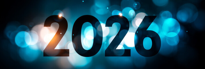 Happy new year 2026 - festive new year party background greeting card with text - Golden yellow fireworks in dark black night. The numbers are written on a blue background, banner