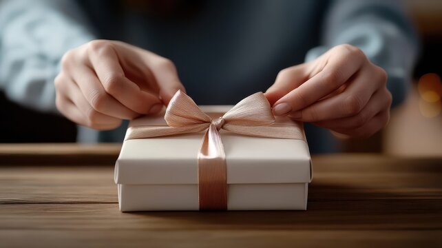 Hands tying ribbon around gift box, symbolizing love and thoughtfulness.