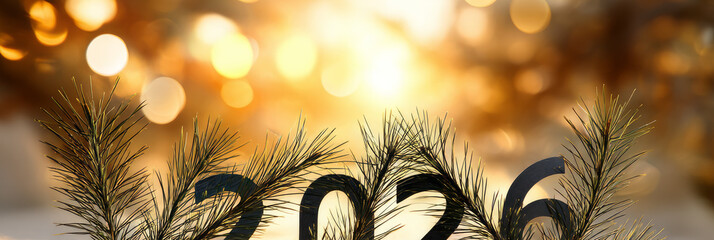 Happy new year 2026 - festive new year party background greeting card with text - Golden yellow fireworks in dark black night. The numbers are written in green fir tree, banner