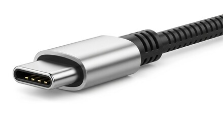 Close-up view of a silver USB-C connector on a black braided cable, highlighting its modern design and connectivity.
