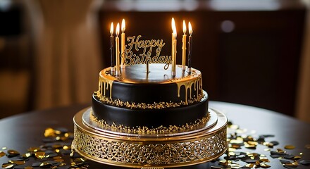 Elegant Black and Gold Birthday Cake with Lit Candles.