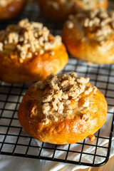 Freshly baked homemade traditional Czech Moravian buns (kolače) with cottage cheese , apple and crumbs on cooling rake.
