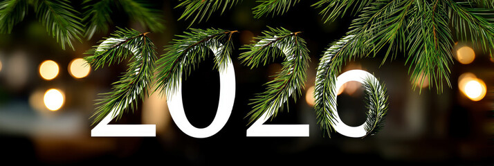Happy new year 2026 - festive new year party background greeting card with text - Golden yellow fireworks in dark black night. The numbers are written in green fir tree, banner