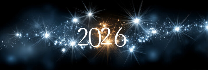 Happy new year 2026 - festive new year party background greeting card with text - Golden yellow fireworks in dark black night. The numbers are written in stars, banner