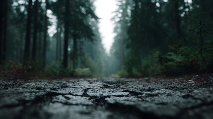 A dark misty forest path with a wet cracked ground leading into the dense woods