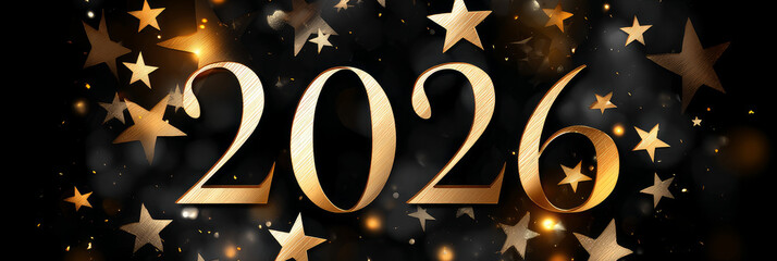 Happy new year 2026 - festive new year party background greeting card with text - Golden yellow fireworks in dark black night. The numbers are written in stars, banner