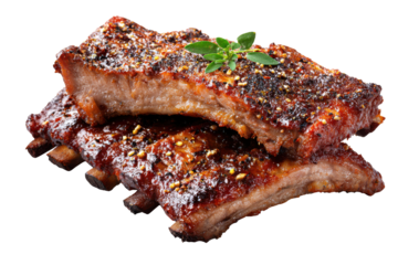 Stacked B Q Pork Ribs with Glaze and Herbs on Black Background barbecue meat, Isolated On Transparent Background, Png Cut Out