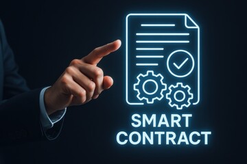 Hand Gesturing Towards Smart Contract Illustration with Gear Symbol in Digital Conceptual Background