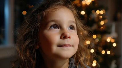 A cute little child in a warm sweater and pajamas decorates the Christmas tree in the living room. Merry Christmas and a Happy New Year! Warm and cozy holiday winter evening.