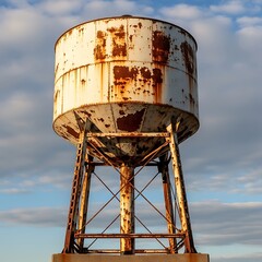 Rusty Water Tower Against a Cloudy Sky.