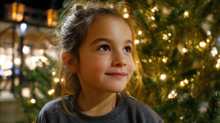 A cute little child in a warm sweater and pajamas decorates the Christmas tree in the living room. Merry Christmas and a Happy New Year! Warm and cozy holiday winter evening.