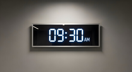 Digital clock showing 0930 am on a gray wall in a public space with a modern look and feel