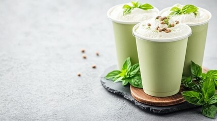 Basil Matcha Latte: Three Refreshing Green Tea Lattes with Basil Leaves and Toasted Rice on a Slate Board and Gray Background