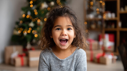 A cute little child in a warm sweater and pajamas decorates the Christmas tree in the living room. Merry Christmas and a Happy New Year! Warm and cozy holiday winter evening.