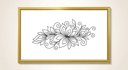 Elegant Floral Line Art in Gold Frame - A Decorative Illustration.