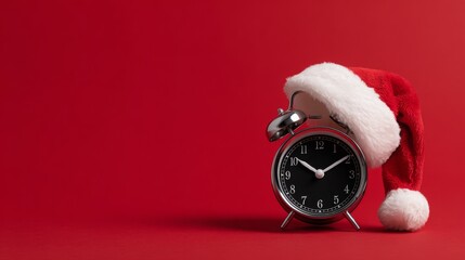 A black alarm clock with a Santa hat on a red background. The clock shows the time at 12:00. The scene conveys a festive holiday theme.