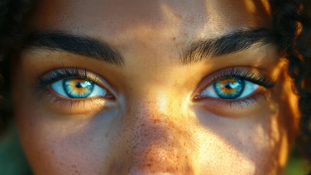 Captivating close up of a beautiful womans stunning hazel eyes in golden sunlight.