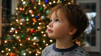 A cute little child in a warm sweater and pajamas decorates the Christmas tree in the living room. Merry Christmas and a Happy New Year! Warm and cozy holiday winter evening.
