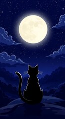 Silhouette of a Cat Gazing at the Moon in the Night Sky.