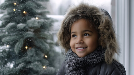 A cute little child in a warm sweater and pajamas decorates the Christmas tree in the living room. Merry Christmas and a Happy New Year! Warm and cozy holiday winter evening.