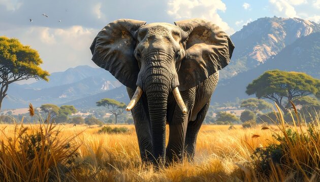 A majestic elephant strides toward the viewer, its tusks prominent, framed by African savanna landscape under a partly cloudy sky