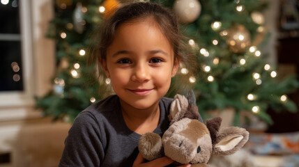 A cute little child in a warm sweater and pajamas decorates the Christmas tree in the living room. Merry Christmas and a Happy New Year! Warm and cozy holiday winter evening.
