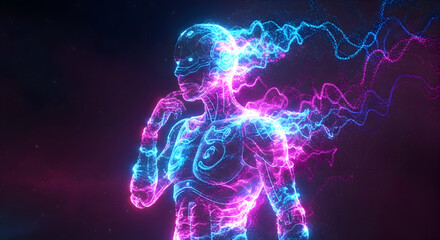 Abstract digital avatar with glowing particles, representing virtual reality and artificial intelligence